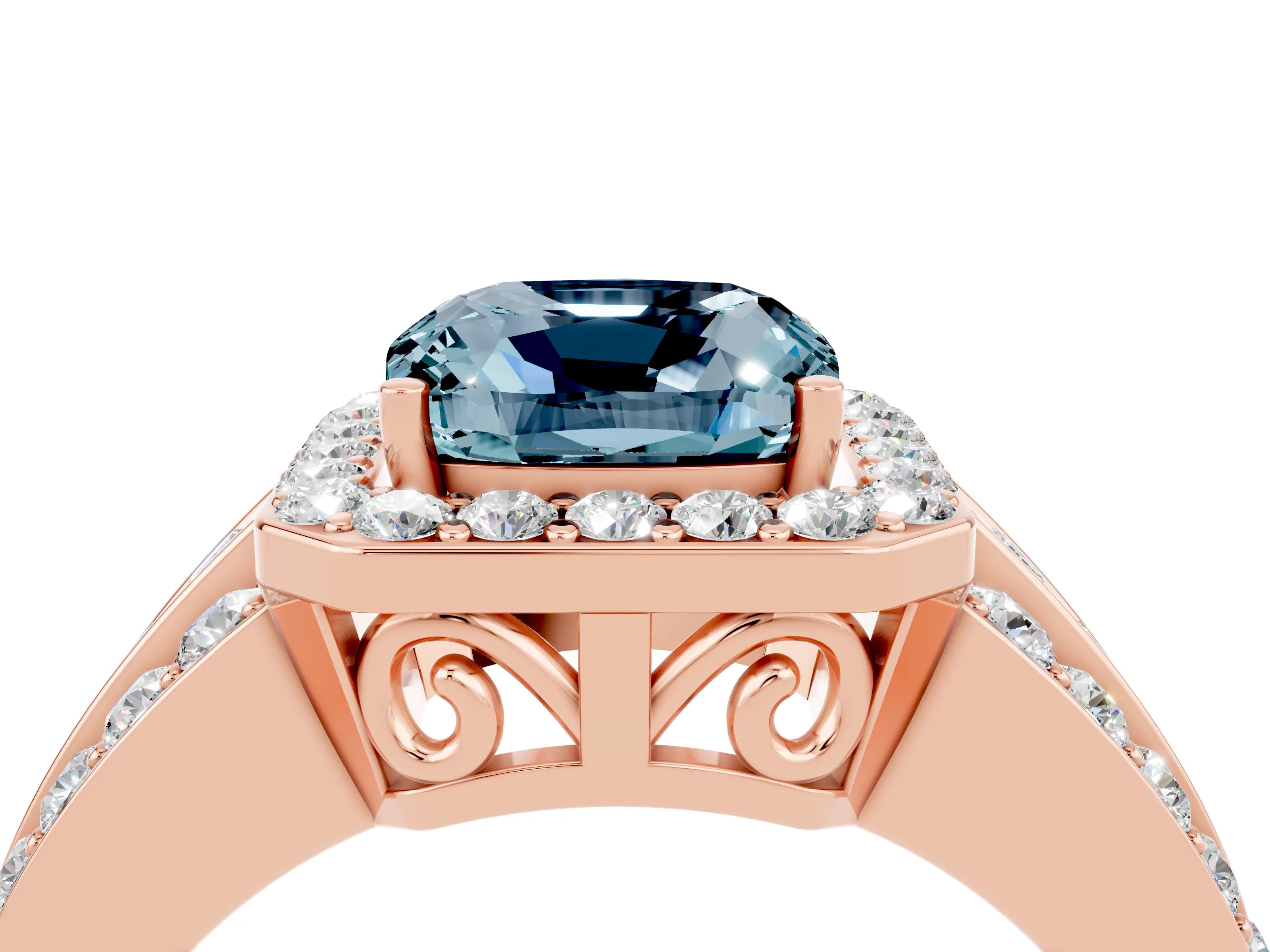Rose gold Cushion Cut Halo Aquamarine Ring with Split Shank and Four-Prong Setting_4