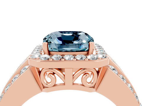 Rose gold Cushion Cut Halo Aquamarine Ring with Split Shank and Four-Prong Setting_4