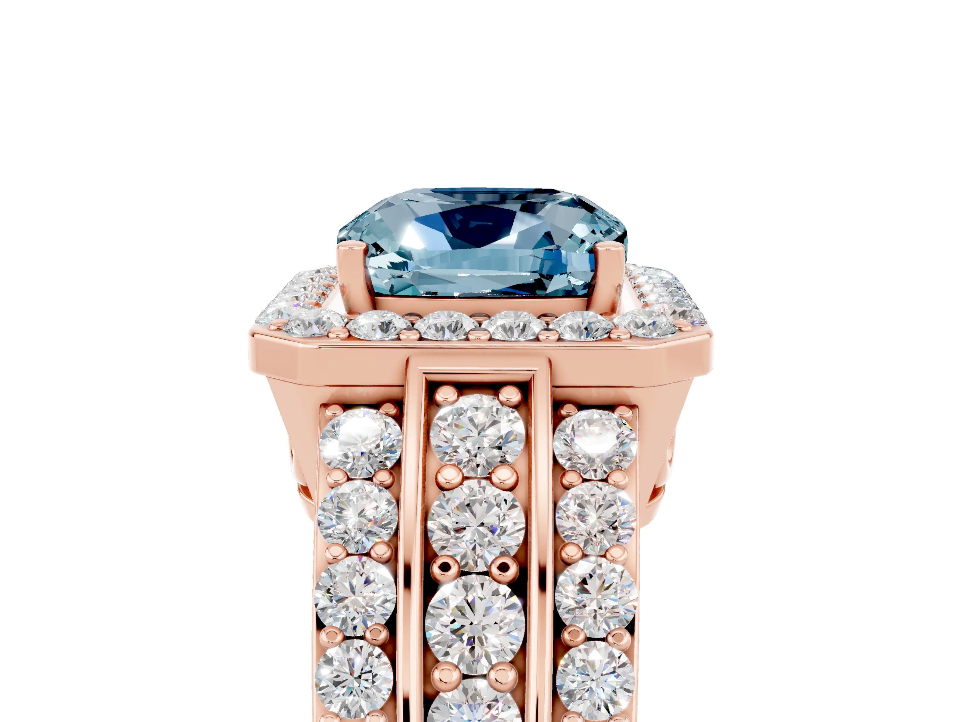 Rose gold Cushion Cut Halo Aquamarine Ring with Split Shank and Four-Prong Setting_5