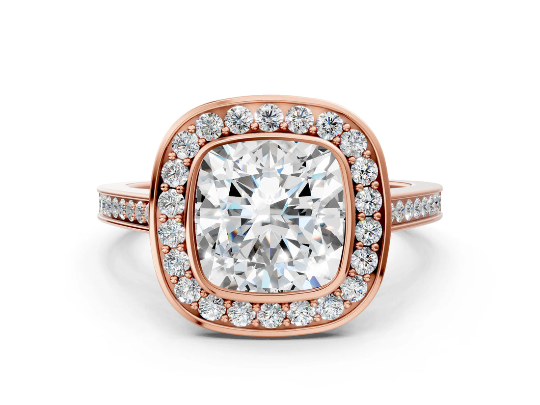 Rose gold Cushion Cut Halo Bezel Diamond Pave Band Ring_9