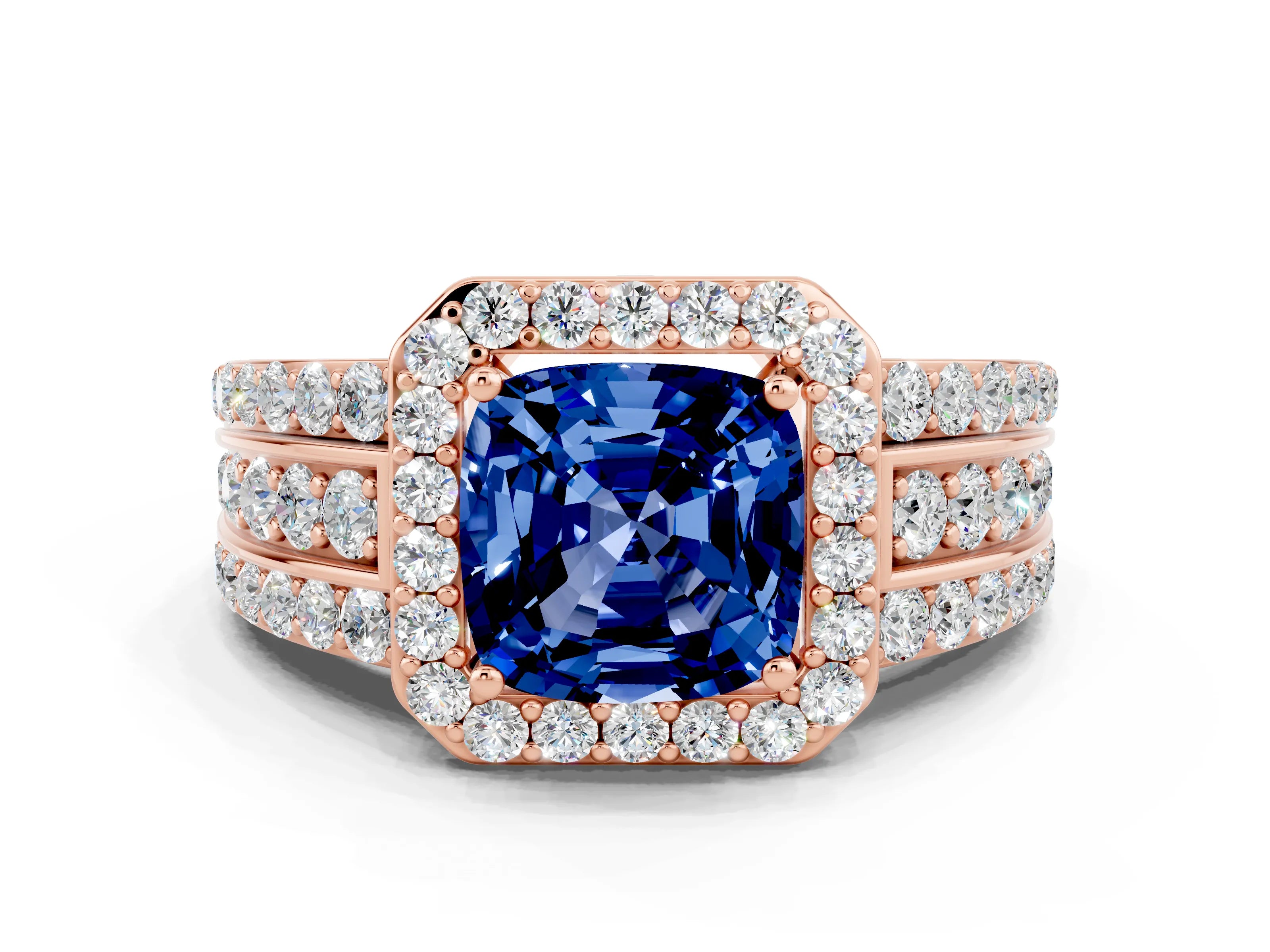 Rose gold Cushion Cut Halo Blue Sapphire Ring with Split Shank and Four-Prong Setting