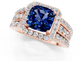 Rose gold Cushion Cut Halo Blue Sapphire Ring with Split Shank and Four-Prong Setting_1
