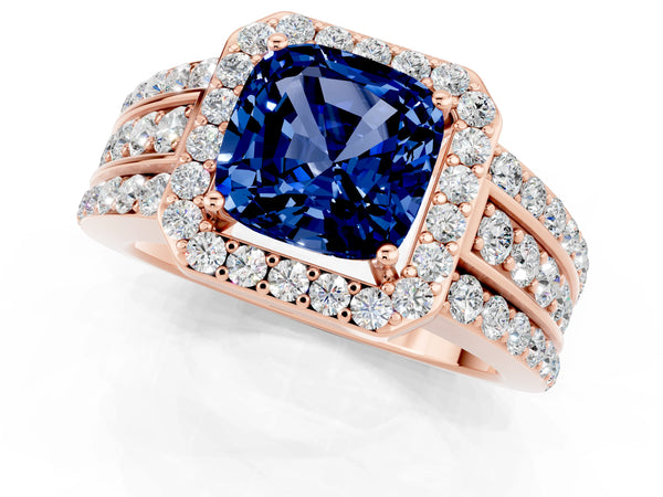 Rose gold Cushion Cut Halo Blue Sapphire Ring with Round  Split Shank and Prong Setting