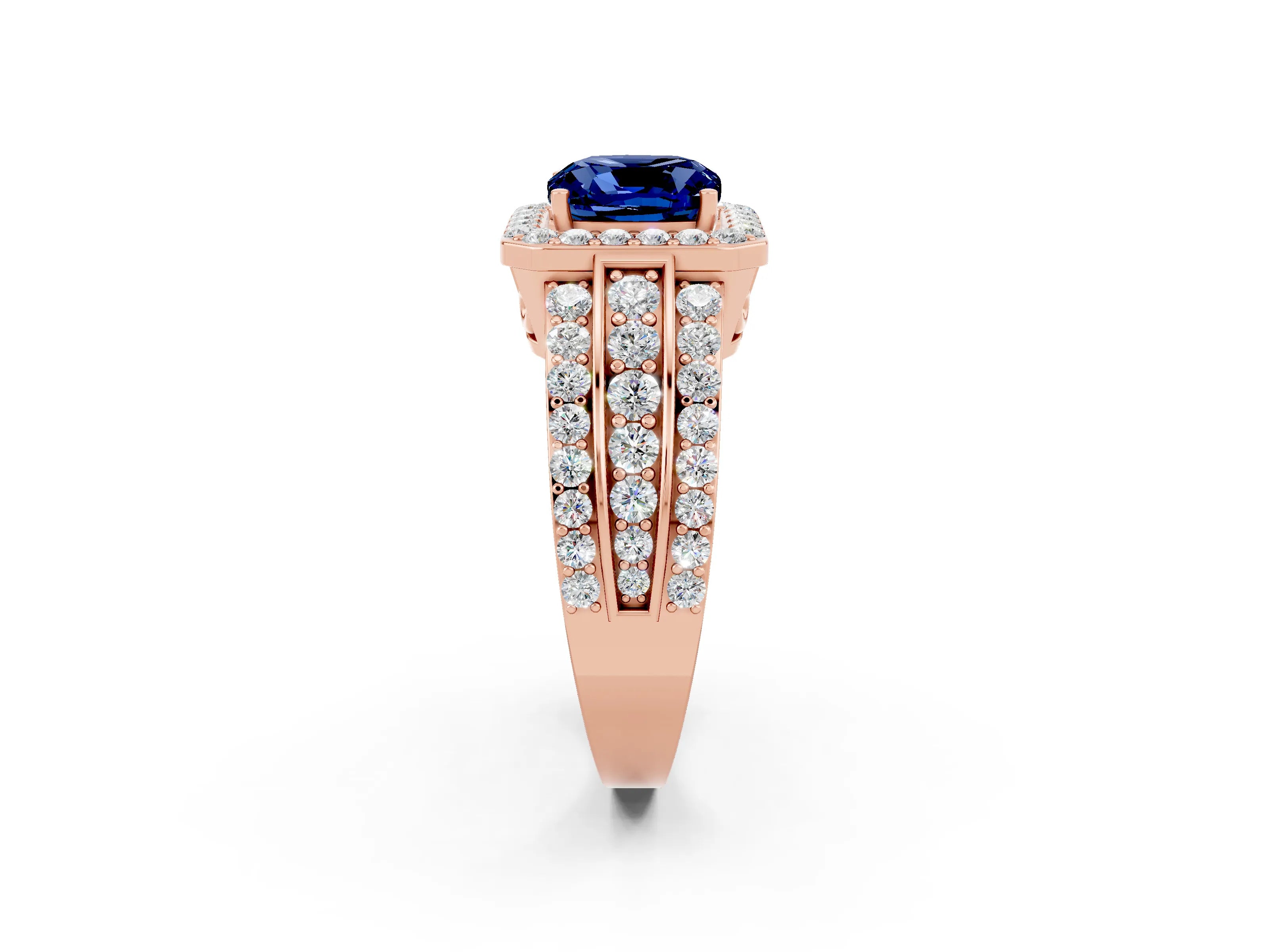 Rose gold Cushion Cut Halo Blue Sapphire Ring with Split Shank and Four-Prong Setting_2