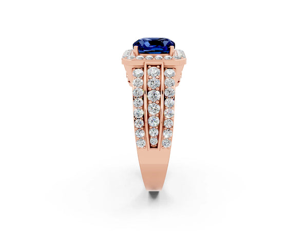 Rose gold Cushion Cut Halo Blue Sapphire Ring with Round  Split Shank and Prong Setting
