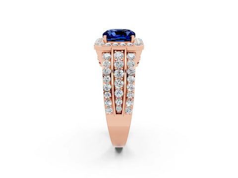 Rose gold Cushion Cut Halo Blue Sapphire Ring with Split Shank and Four-Prong Setting_2