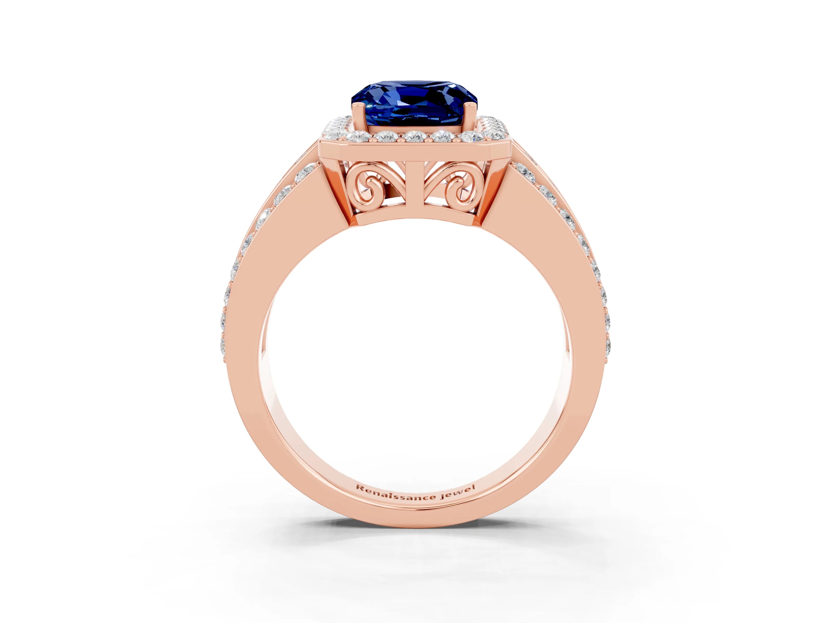 Rose gold Cushion Cut Halo Blue Sapphire Ring with Split Shank and Four-Prong Setting_3