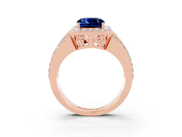 Rose gold Cushion Cut Halo Blue Sapphire Ring with Round  Split Shank and Prong Setting