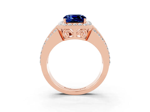 Rose gold Cushion Cut Halo Blue Sapphire Ring with Split Shank and Four-Prong Setting_3