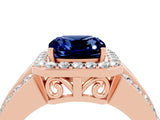 Rose gold Cushion Cut Halo Blue Sapphire Ring with Split Shank and Four-Prong Setting_4