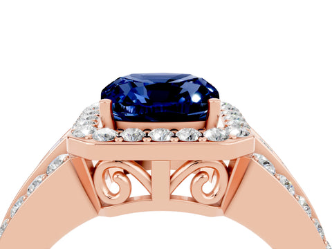 Rose gold Cushion Cut Halo Blue Sapphire Ring with Split Shank and Four-Prong Setting_4