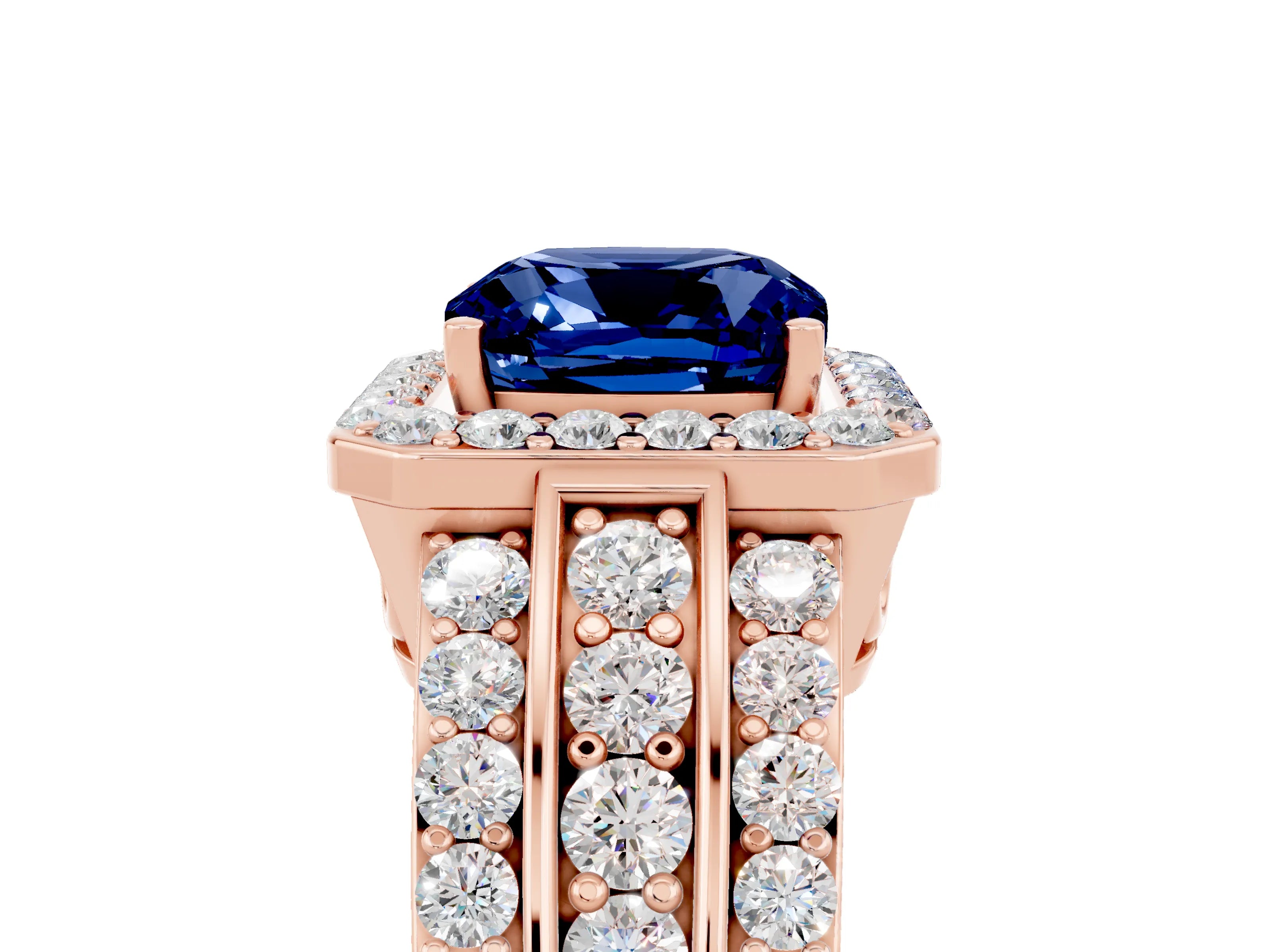 Rose gold Cushion Cut Halo Blue Sapphire Ring with Split Shank and Four-Prong Setting_5