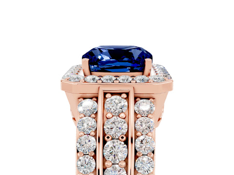 Rose gold Cushion Cut Halo Blue Sapphire Ring with Split Shank and Four-Prong Setting_5