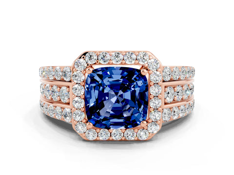 Rose gold Cushion Cut Halo Blue Sapphire Ring with Split Shank and Four-Prong Setting