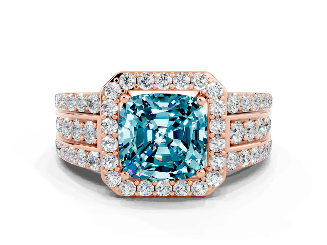 Rose gold Cushion Cut Halo Blue Topaz Ring with Split Shank and Four-Prong Setting