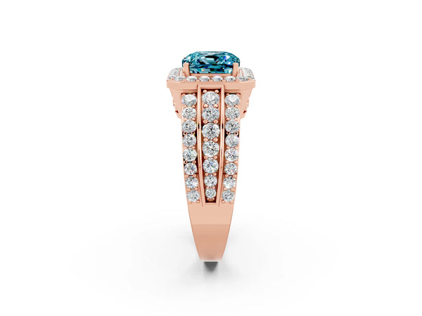 Rose gold Cushion Cut Halo Blue Topaz Ring with Round  Split Shank and Prong Setting