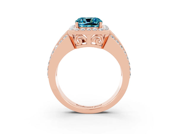 Rose gold Cushion Cut Halo Blue Topaz Ring with Round  Split Shank and Prong Setting
