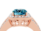 Rose gold Cushion Cut Halo Blue Topaz Ring with Split Shank and Four-Prong Setting_4