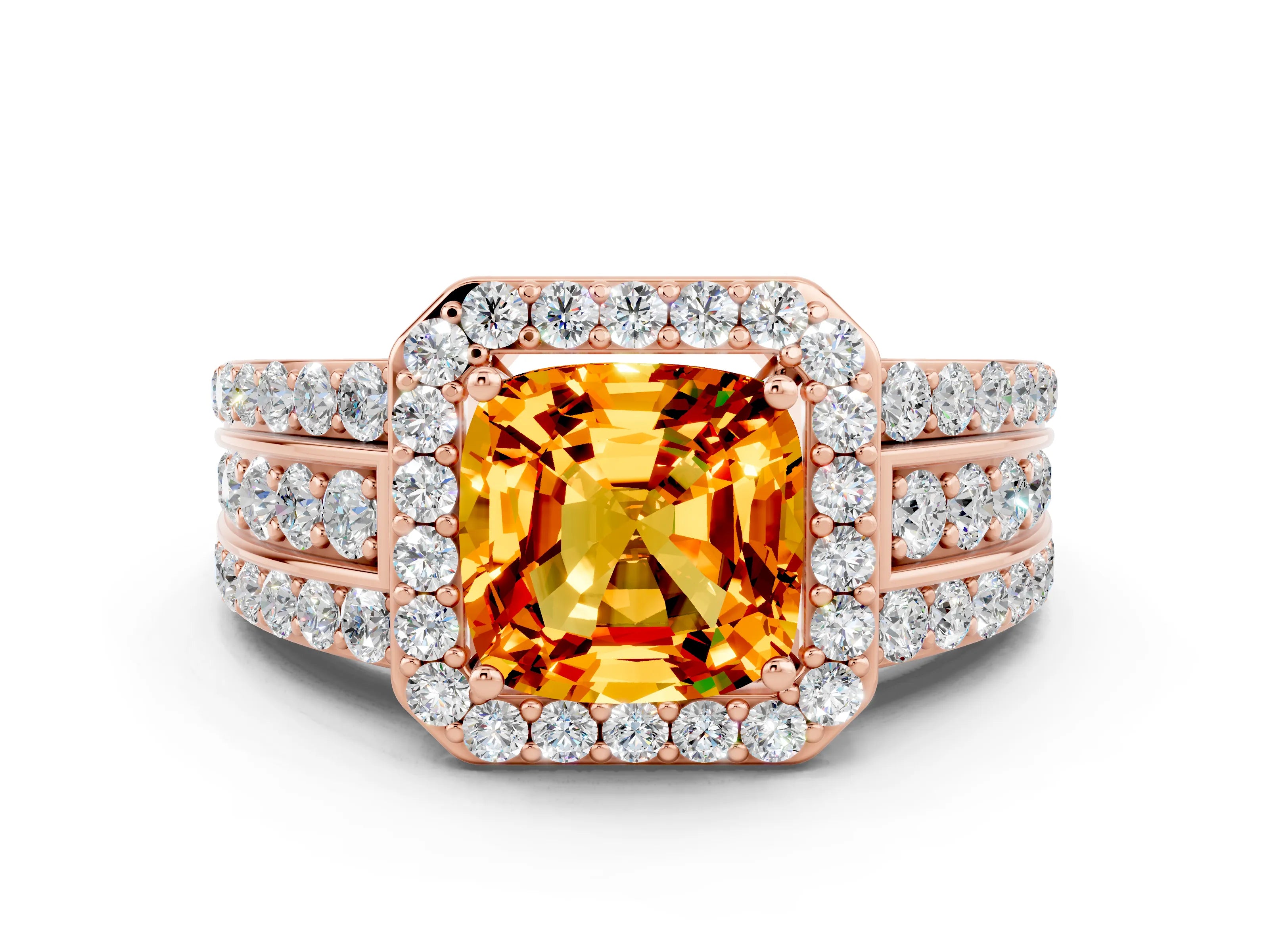Rose gold Cushion Cut Halo Citrine Ring with Split Shank and Four-Prong Setting