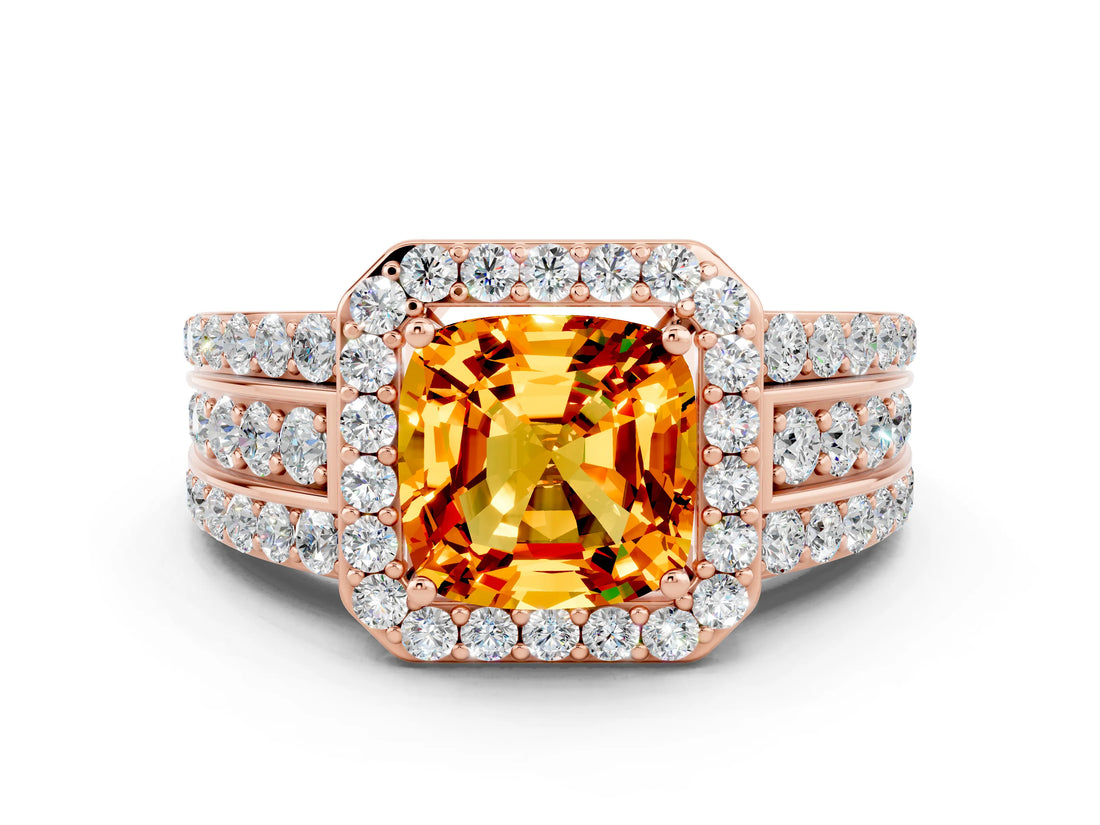 Rose gold Cushion Cut Halo Citrine Ring with Split Shank and Four-Prong Setting