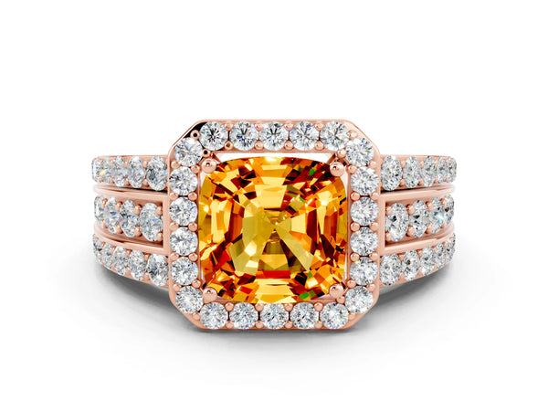 Rose gold Cushion Cut Halo Citrine Ring with Round  Split Shank and Prong Setting