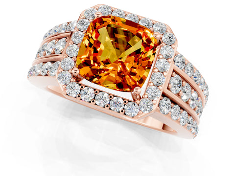 Rose gold Cushion Cut Halo Citrine Ring with Split Shank and Four-Prong Setting_1