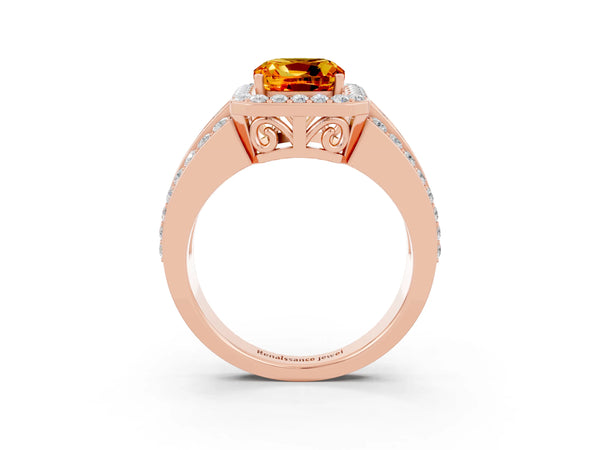 Rose gold Cushion Cut Halo Citrine Ring with Round  Split Shank and Prong Setting