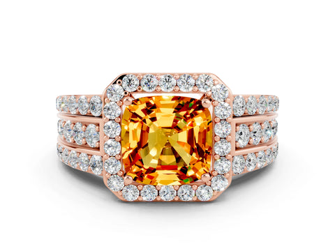 Rose gold Cushion Cut Halo Citrine Ring with Split Shank and Four-Prong Setting