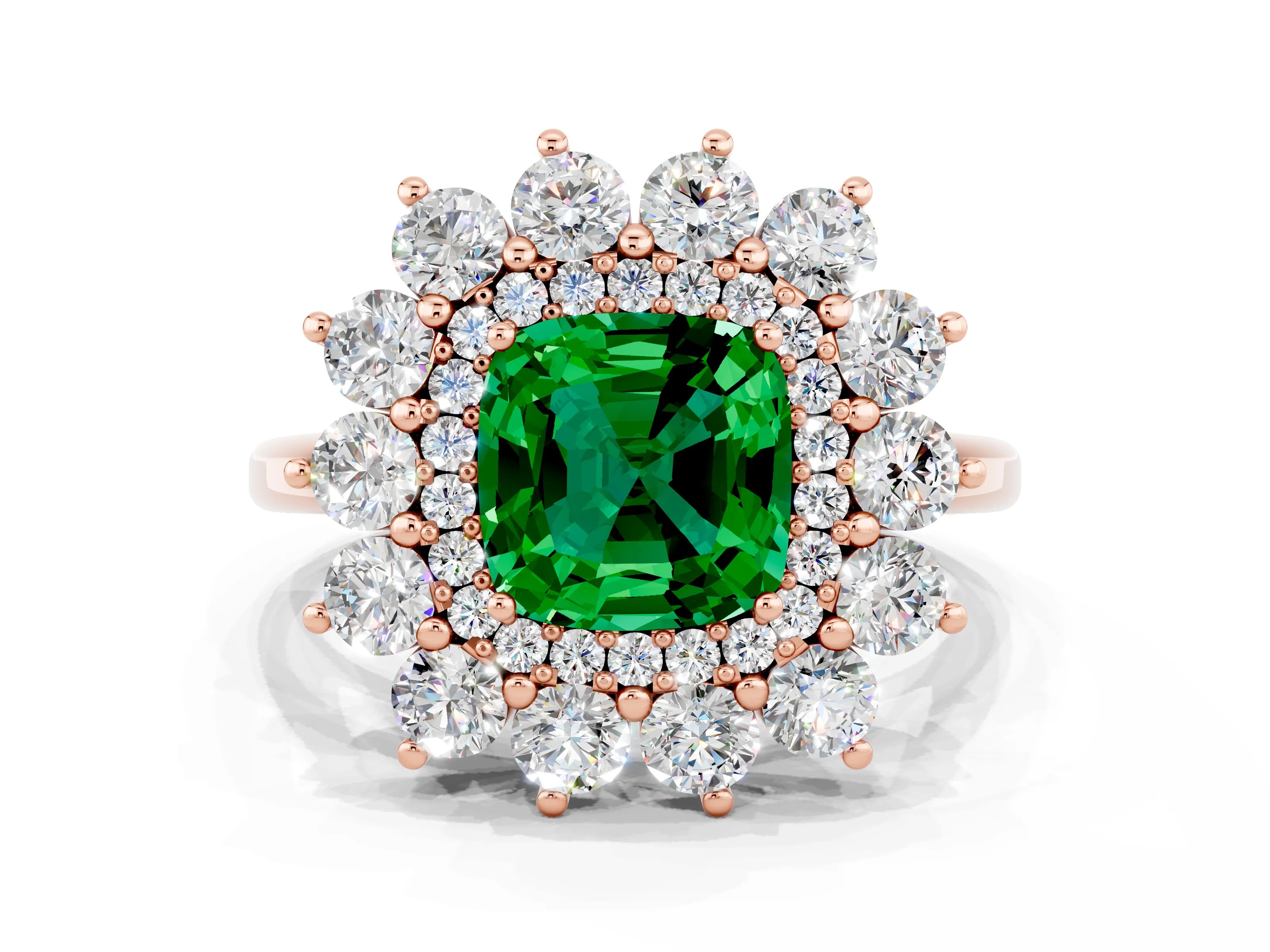 Rose gold Cushion Cut Halo Cluster Diamond Ring with Pave Band and Four-Prong Setting