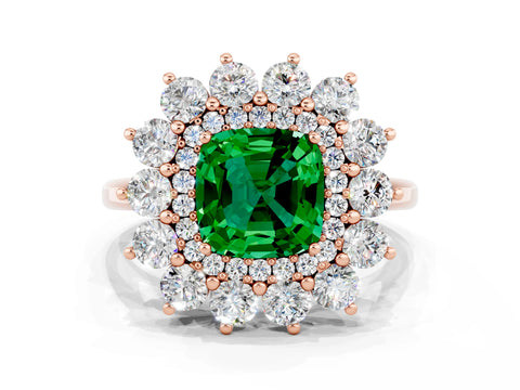 Rose gold Cushion Cut Halo Cluster Diamond Ring with Pave Band and Four-Prong Setting
