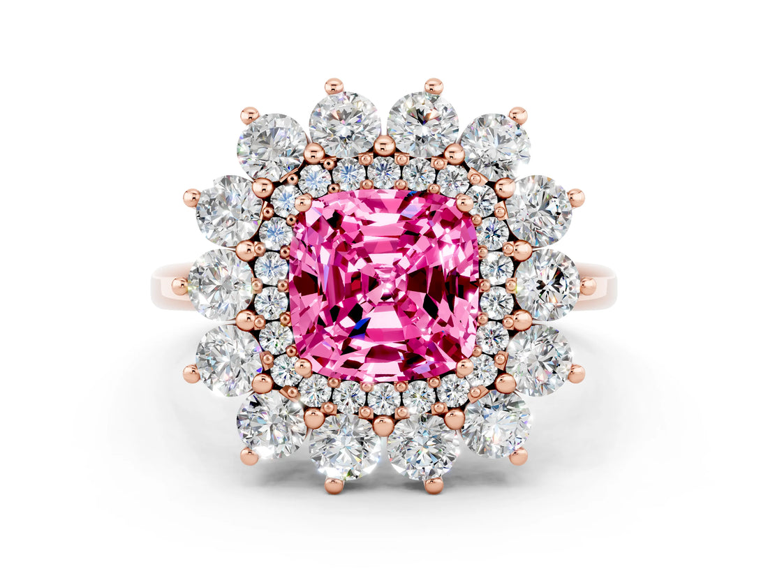 Rose gold Cushion Cut Halo Cluster Diamond Ring with Pave Band and Four-Prong Setting_12