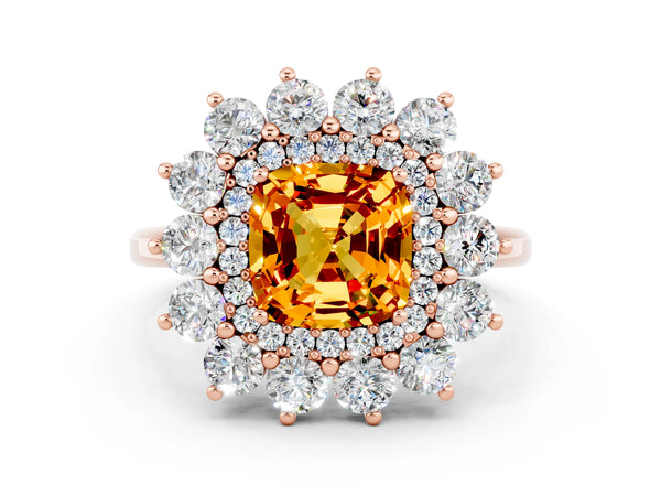 Rose gold Cushion Cut Citrine Floral Double Halo Engagement Ring with Prong Setting