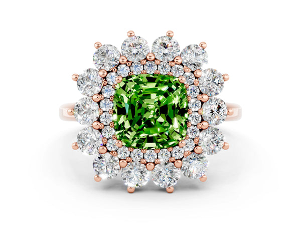 Rose gold Cushion Cut Peridot Floral Double Halo Engagement Ring with Prong Setting
