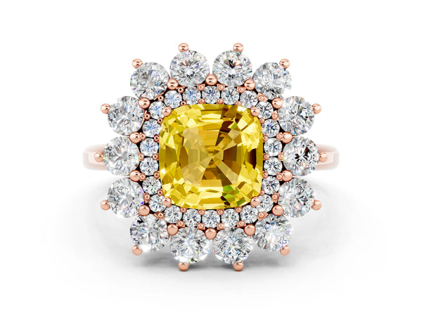 Rose gold Cushion Cut Yellow Sapphire Floral Double Halo Engagement Ring with Prong Setting