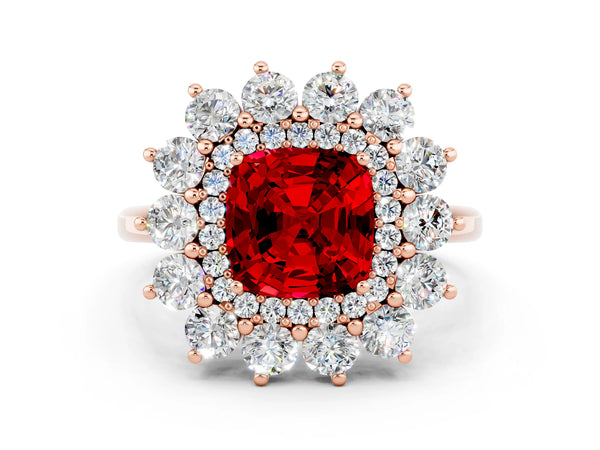 Rose gold Cushion Cut Ruby Floral Double Halo Engagement Ring with Prong Setting