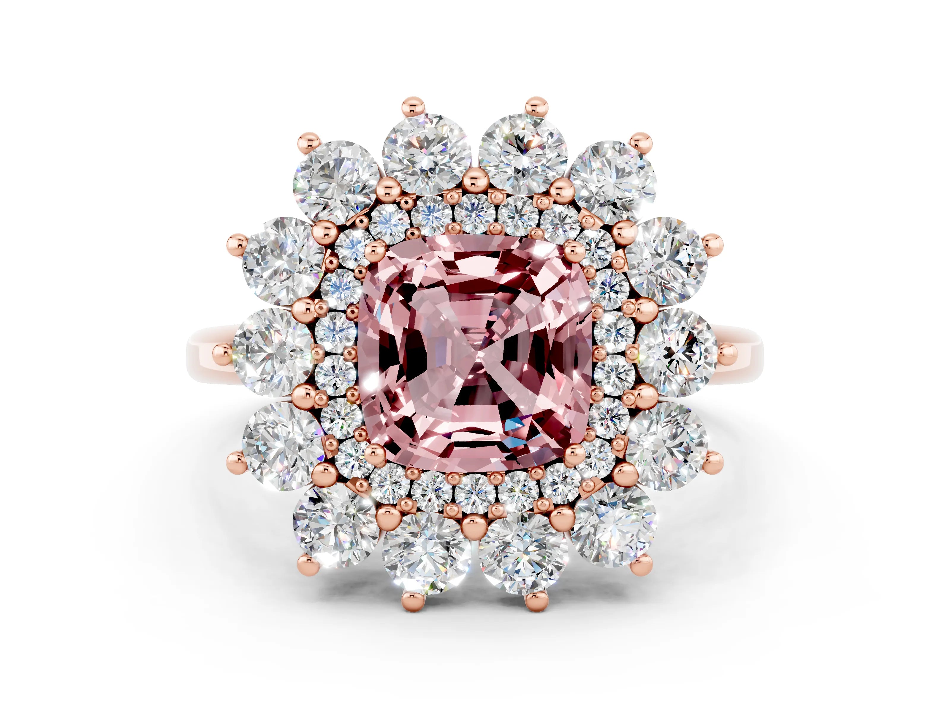 Rose gold Cushion Cut Halo Cluster Diamond Ring with Pave Band and Four-Prong Setting_12