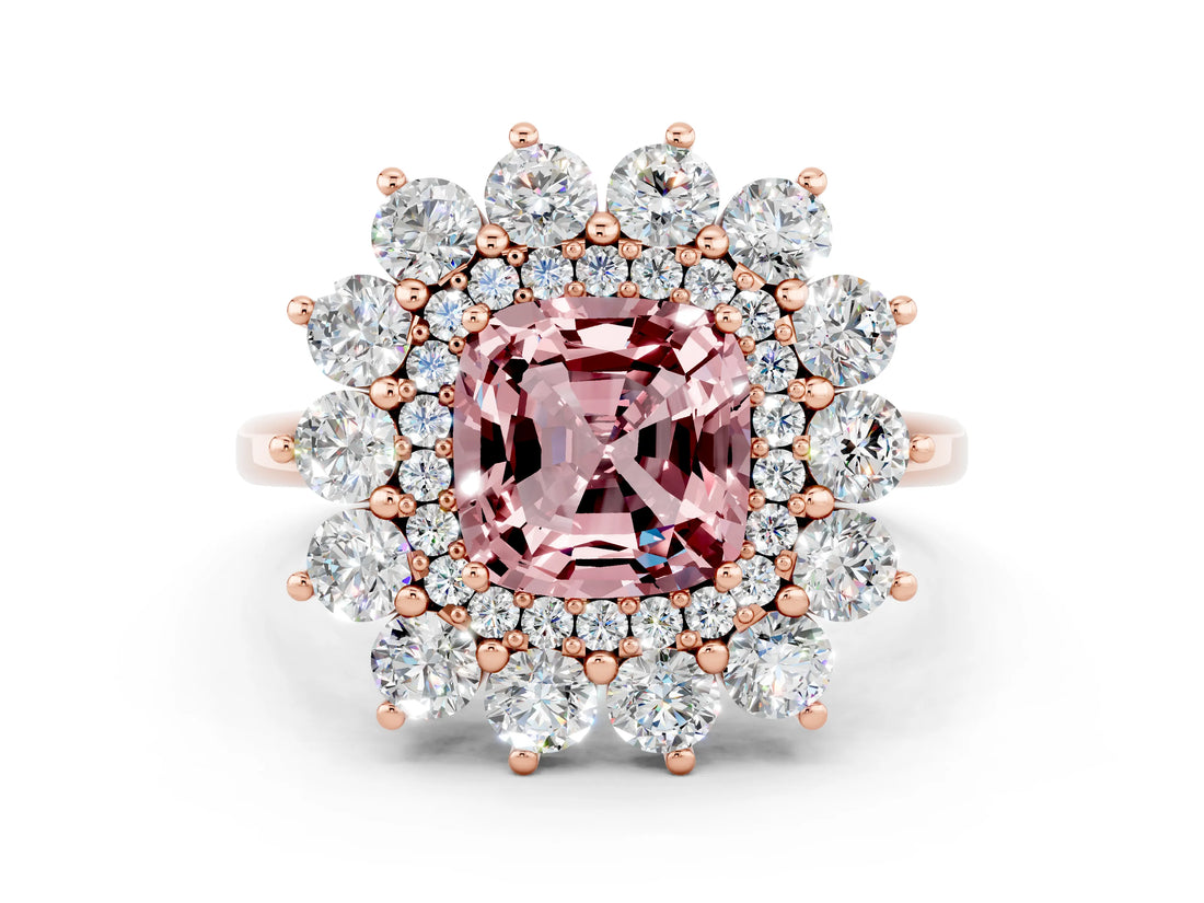Rose gold Cushion Cut Halo Cluster Diamond Ring with Pave Band and Four-Prong Setting_12