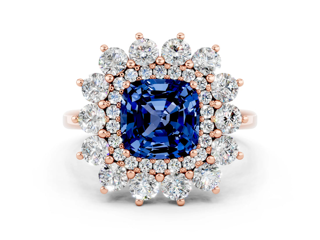 Rose gold Cushion Cut Halo Cluster Diamond Ring with Pave Band and Four-Prong Setting_12