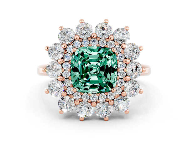 Rose gold Cushion Cut Green Sapphire Floral Double Halo Engagement Ring with Prong Setting