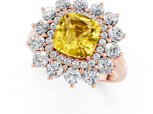 Rose gold Cushion Cut Yellow Sapphire Floral Double Halo Engagement Ring with Prong Setting