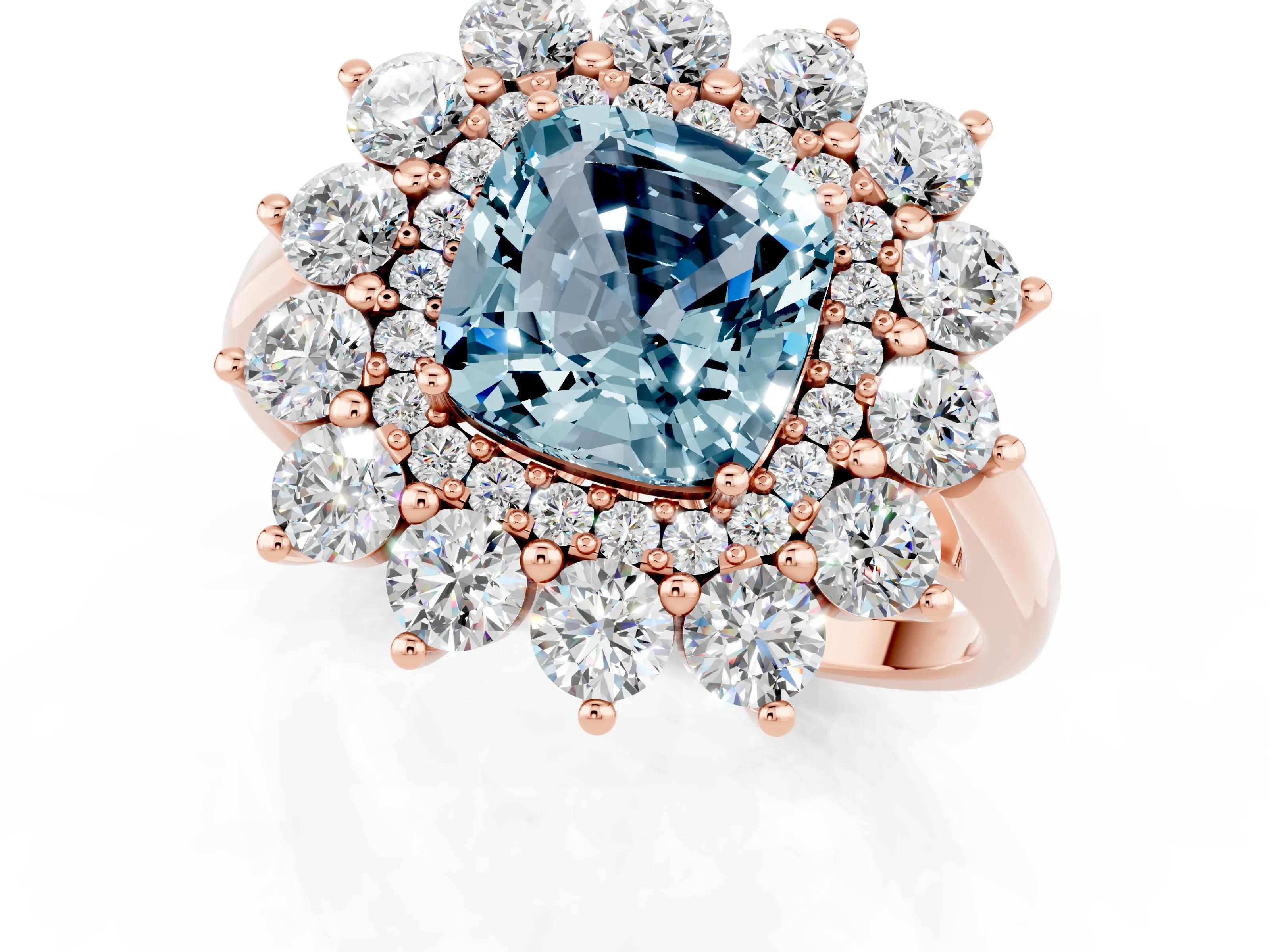 Rose gold Cushion Cut Halo Cluster Diamond Ring with Pave Band and Four-Prong Setting_13