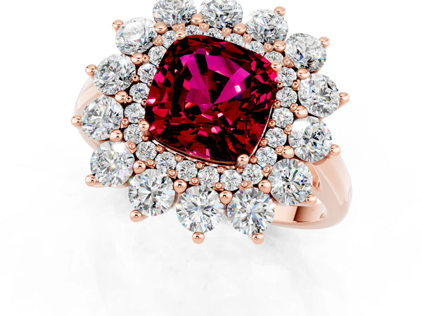 Rose gold Cushion Cut Garnet Floral Double Halo Engagement Ring with Prong Setting