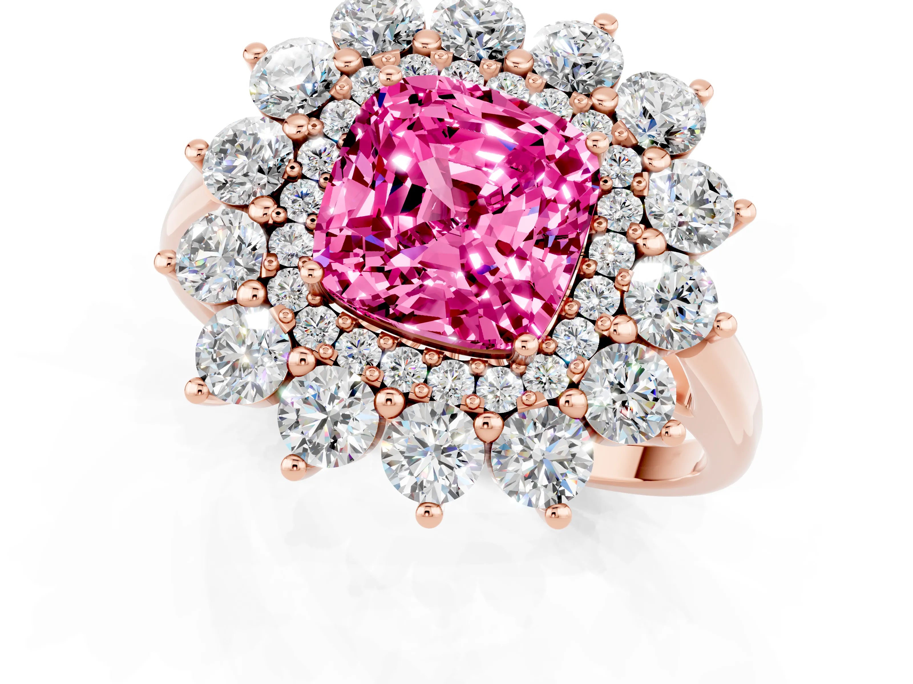 Rose gold Cushion Cut Halo Cluster Diamond Ring with Pave Band and Four-Prong Setting_13