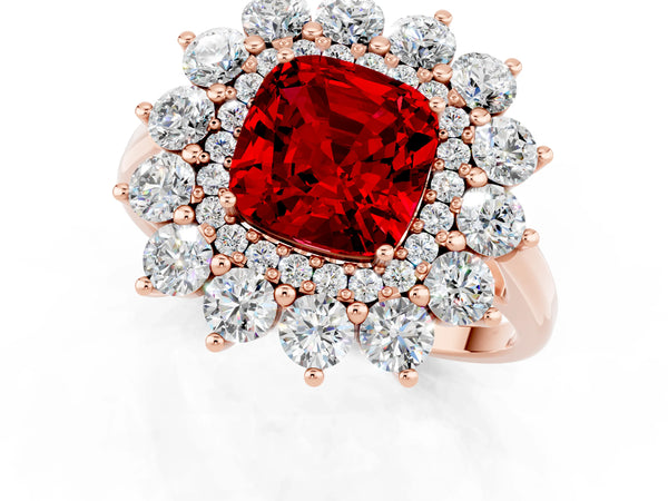 Rose gold Cushion Cut Ruby Floral Double Halo Engagement Ring with Prong Setting