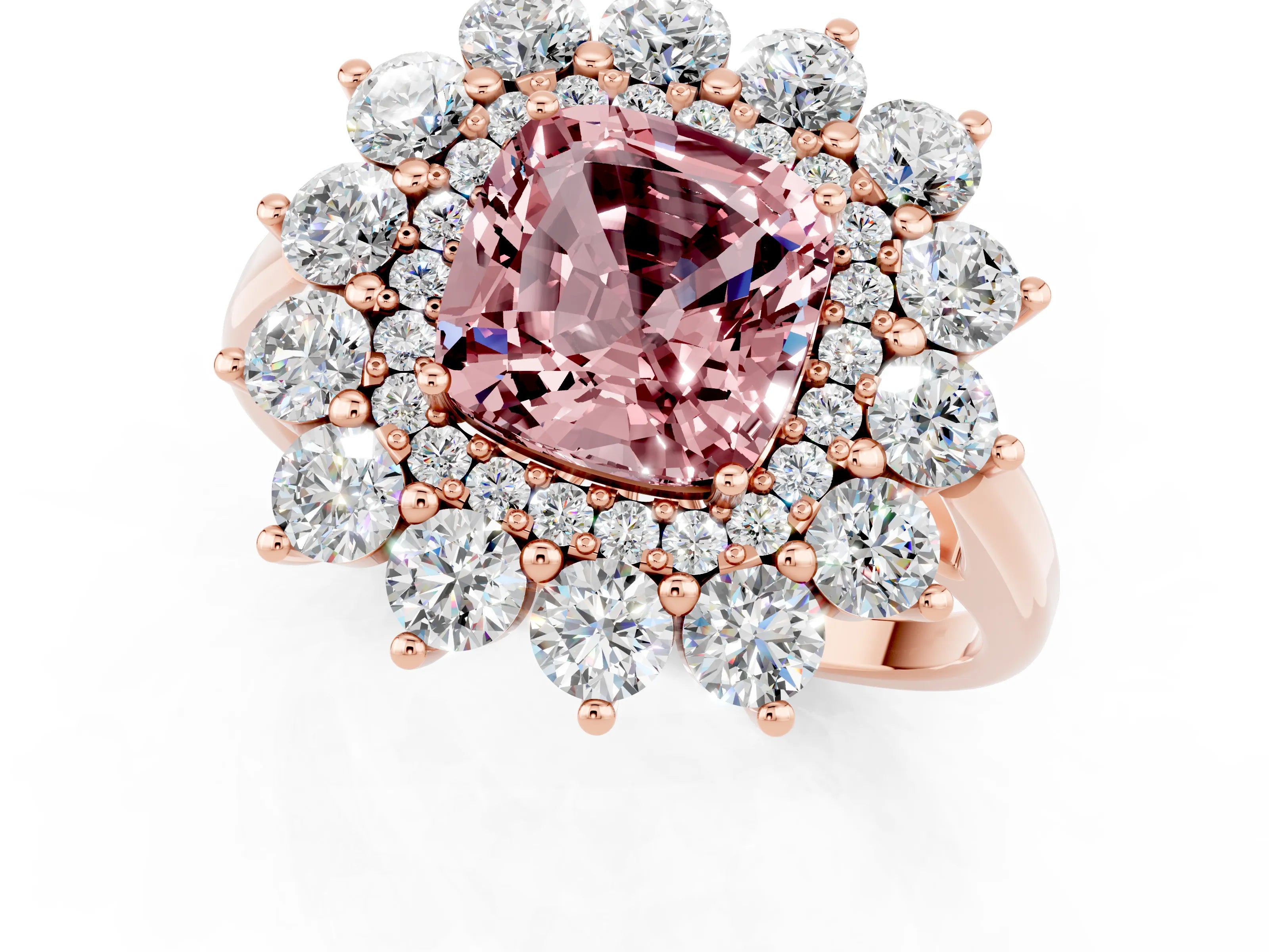 Rose gold Cushion Cut Halo Cluster Diamond Ring with Pave Band and Four-Prong Setting_13