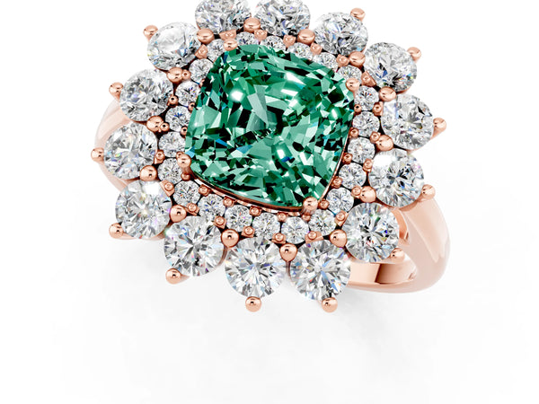 Rose gold Cushion Cut Green Sapphire Floral Double Halo Engagement Ring with Prong Setting