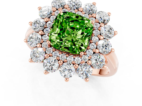 Rose gold Cushion Cut Peridot Floral Double Halo Engagement Ring with Prong Setting