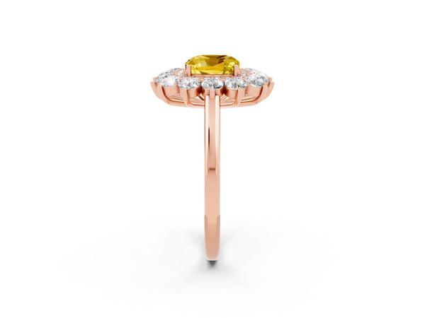 Rose gold Cushion Cut Yellow Sapphire Floral Double Halo Engagement Ring with Prong Setting