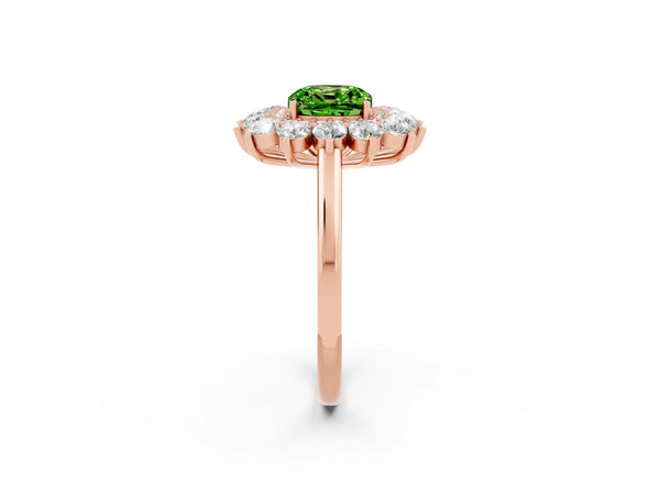 Rose gold Cushion Cut Peridot Floral Double Halo Engagement Ring with Prong Setting