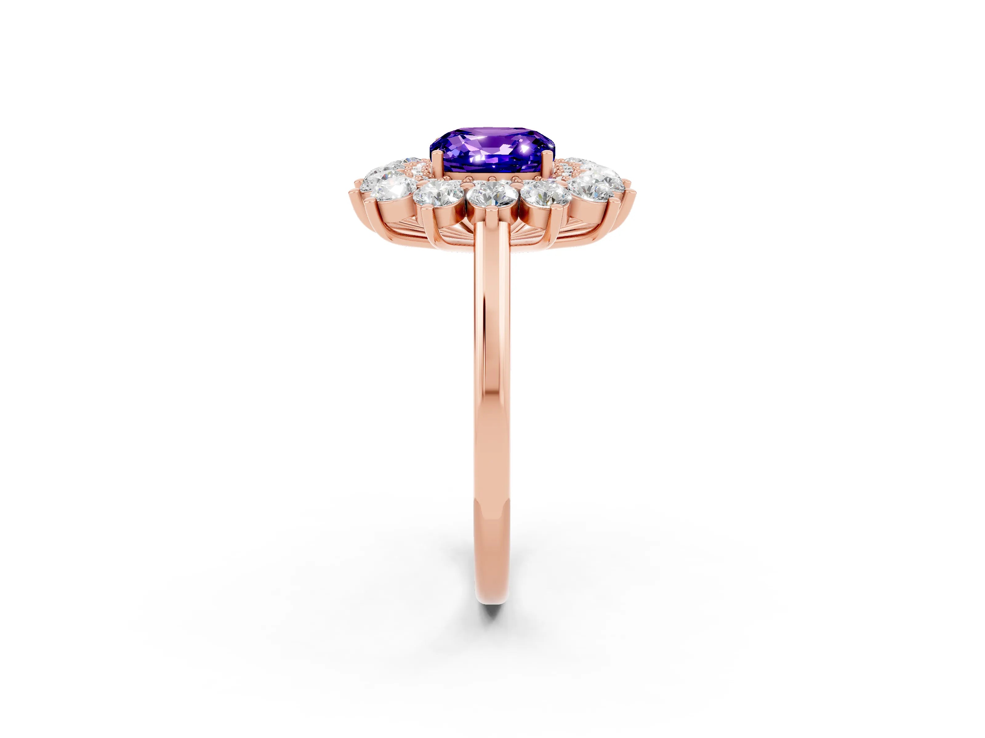 Rose gold Cushion Cut Halo Cluster Diamond Ring with Pave Band and Four-Prong Setting_14